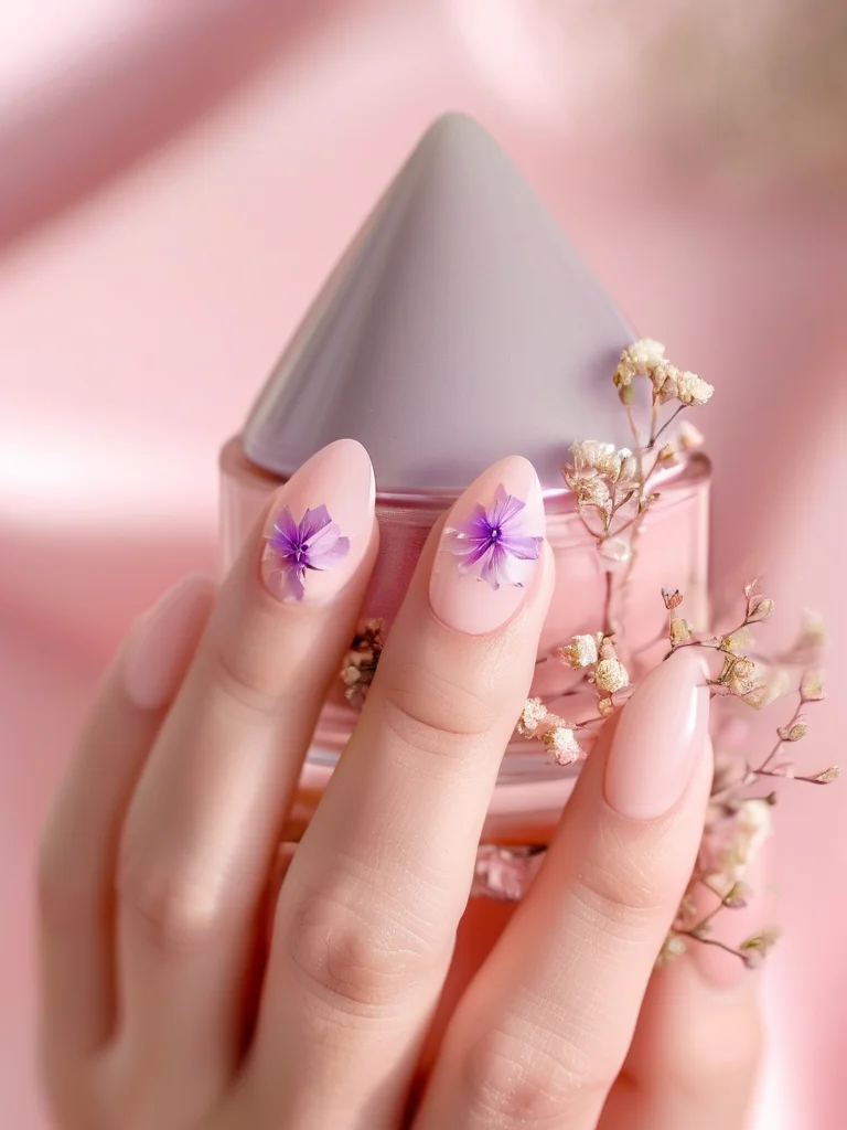 Coffin gel nails with encapsulated dried pastel flowers