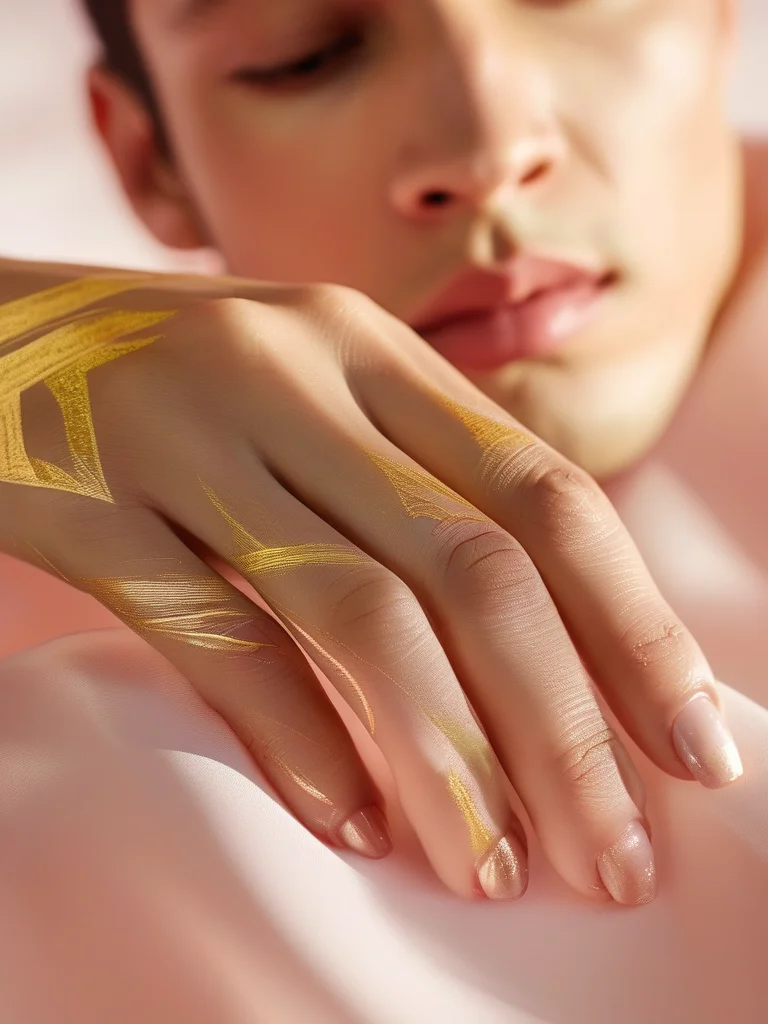 Sheer nude almond nails with delicate gold-painted edges