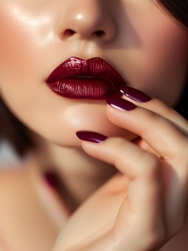 Macro view of short square nails with a deep burgundy velvet glaze chrome finish.