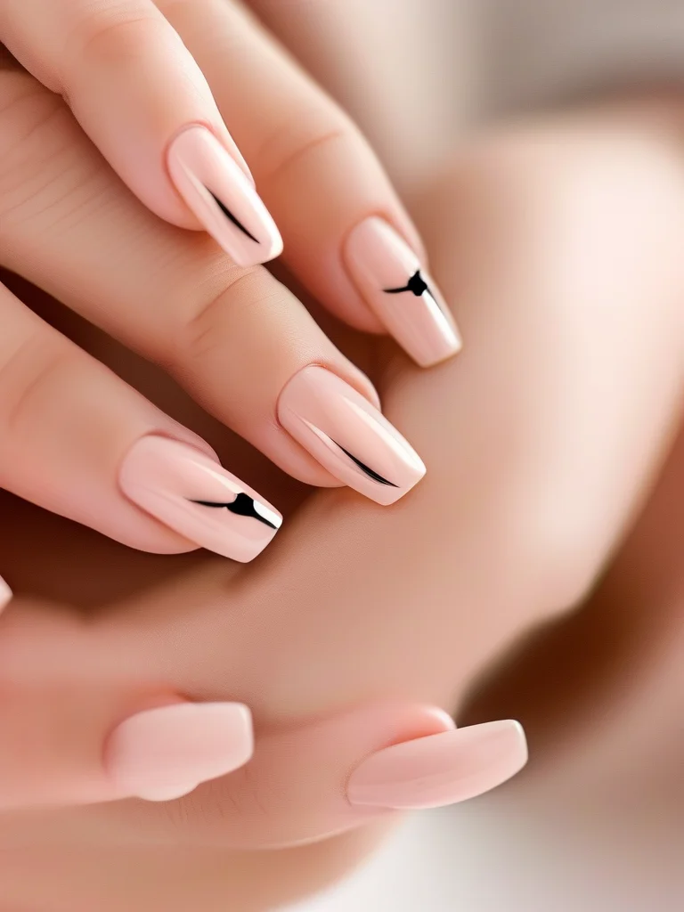 Close-up of minimalist abstract art aesthetic coffin nails with matte nude base and black lines