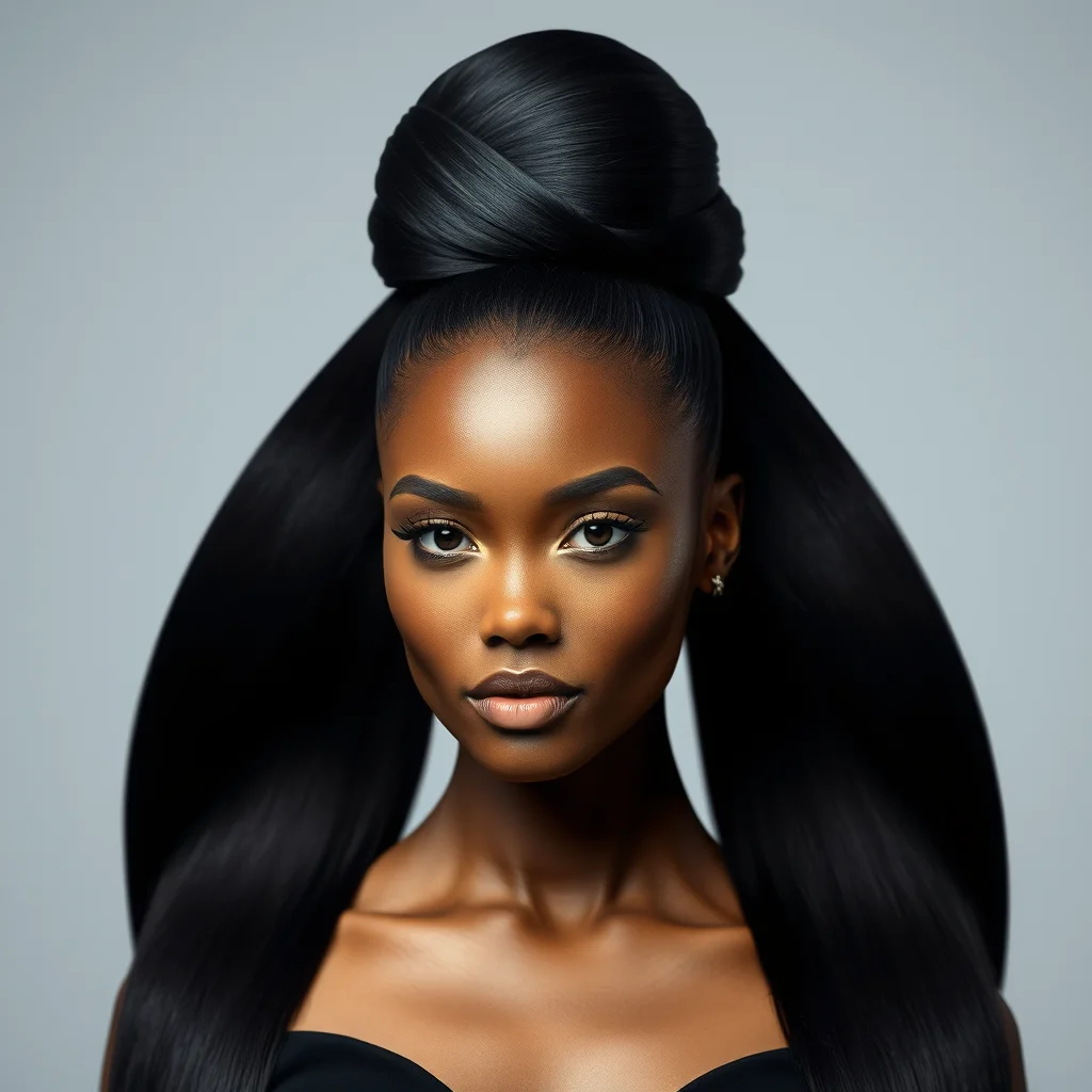 Woman with a high, sculpted elegant bun updo, showing a modern and sophisticated hairstyle.