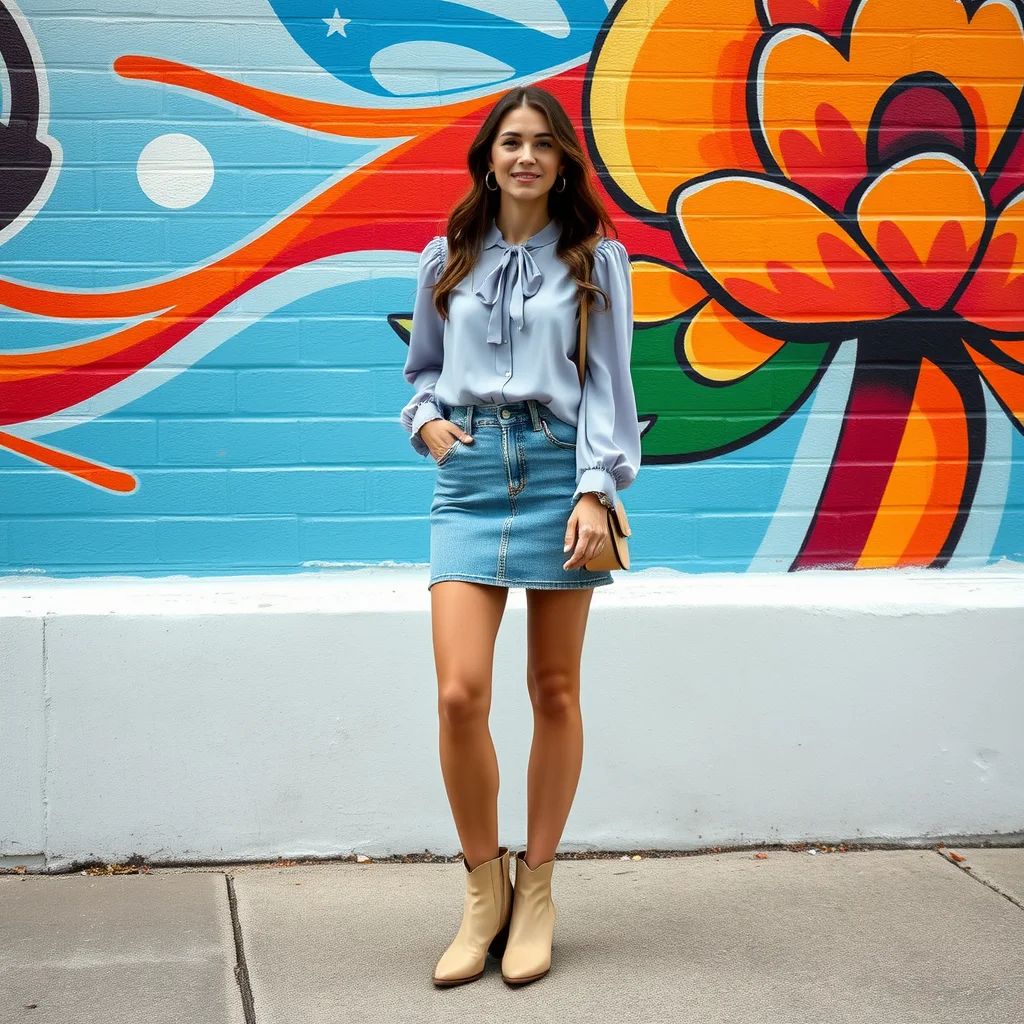 Woman in light wash denim mini skirt and lavender silk blouse for a spring bar outfit