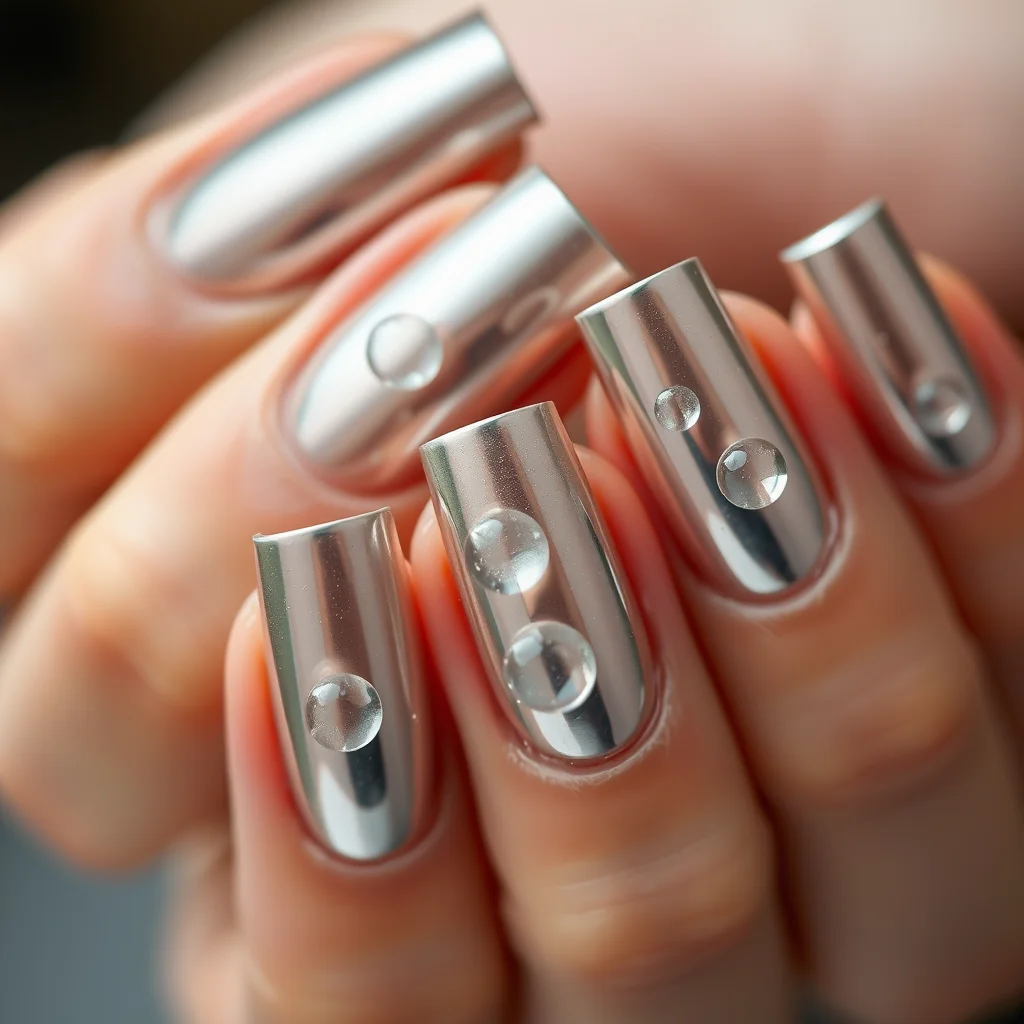 Coffin nails with reflective chrome silver base and 3D clear gel dewdrops nail art.