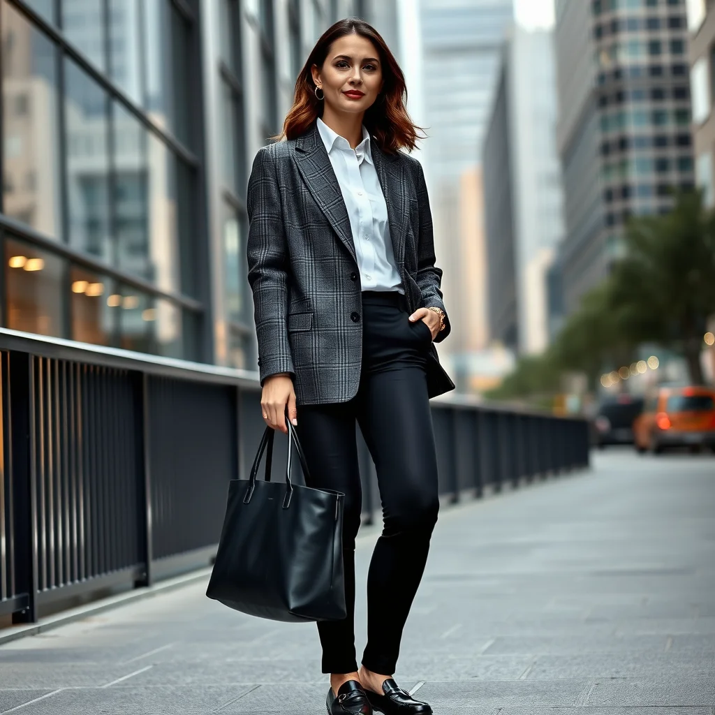 Woman in matte black perfect leggings, white button-down, check blazer, and loafers for a power casual look.