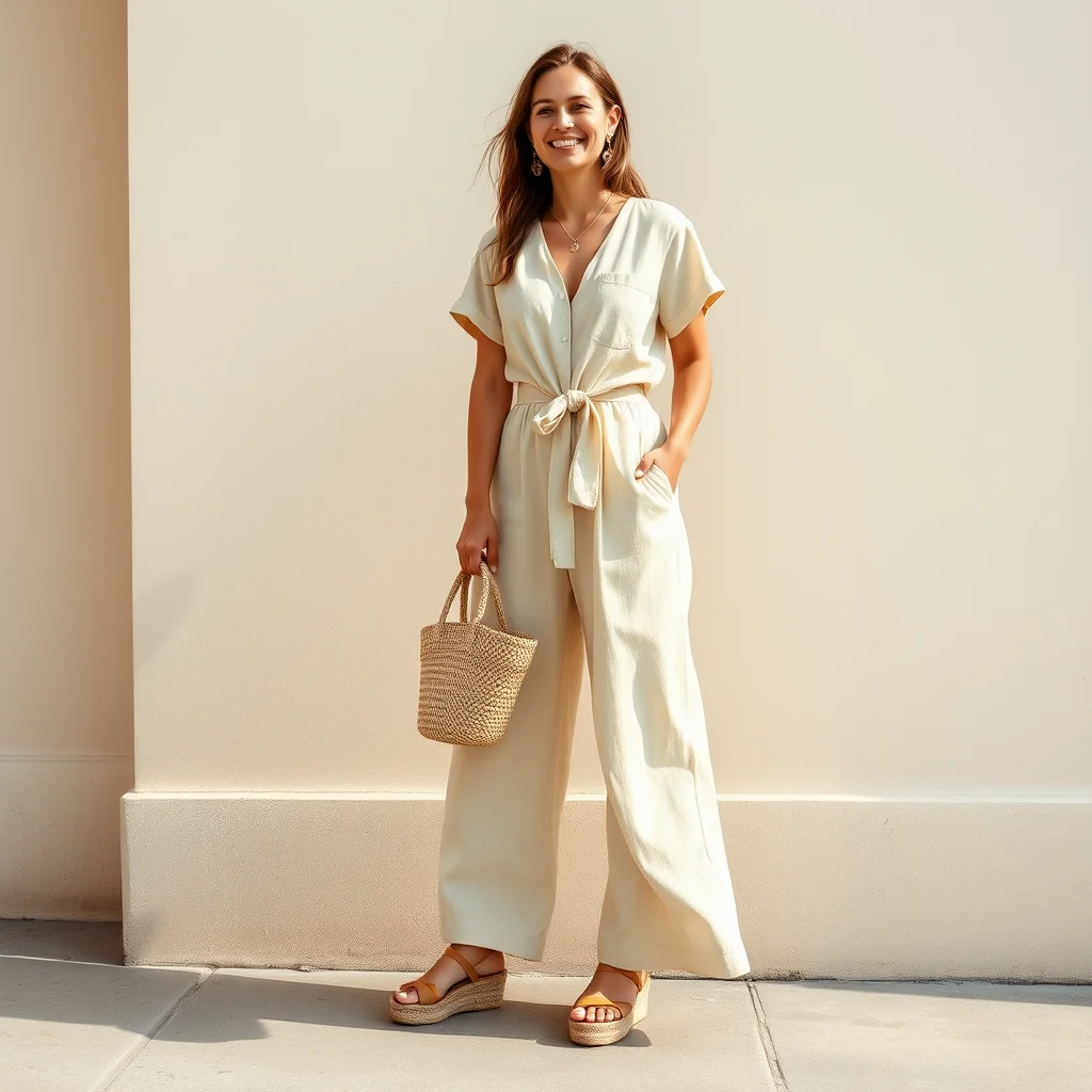 Woman in a beige linen jumpsuit with espadrilles, casual Easter
