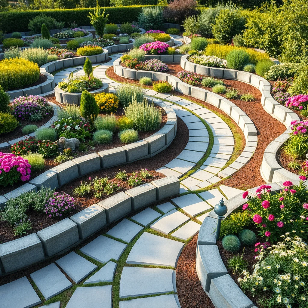 A verdant garden landscape featuring soft, curved borders meticulously crafted from concrete blocks, winding between beds of vibrant flowers and lush shrubs.
