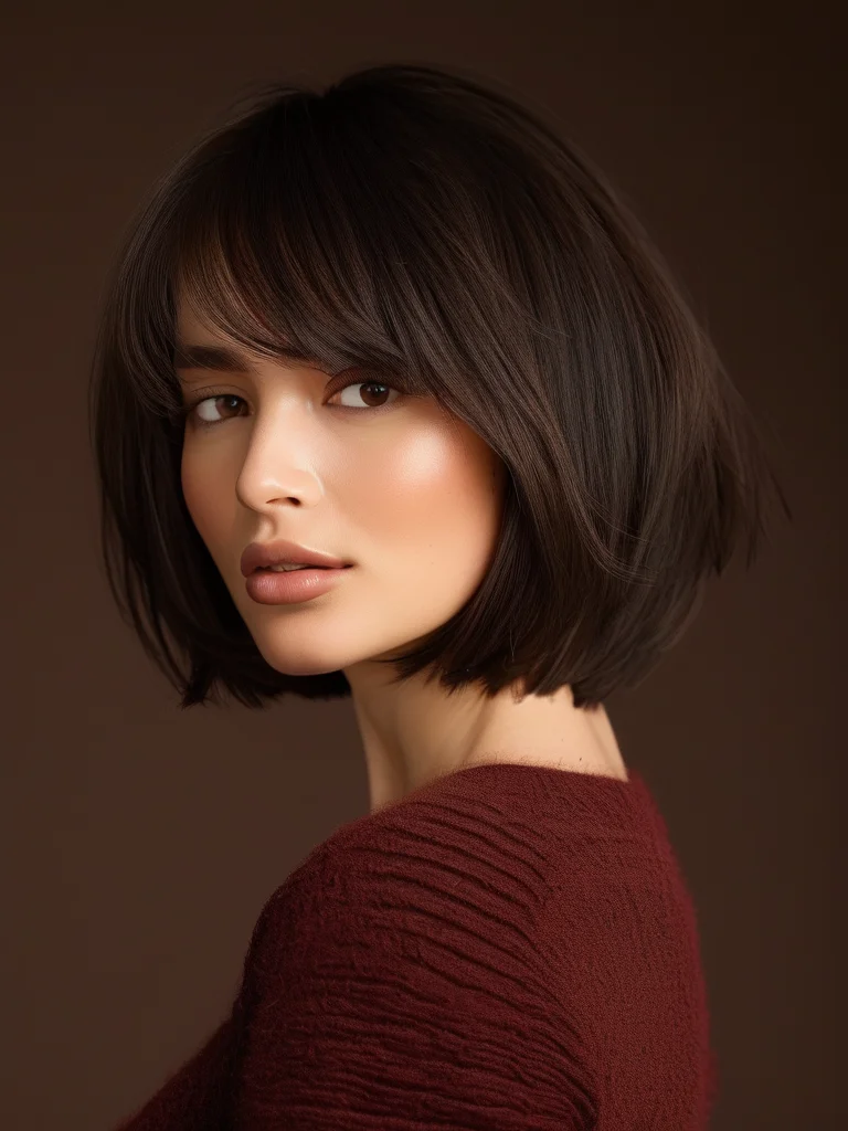 A deep espresso brown shaggy bob with subtle, finely cut layers for texture and definition, illuminated by sharp studio lighting.
