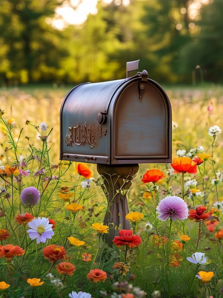 A mailbox garden bursting with colorful wildflowers like poppies, daisies, and coneflowers, attracting butterflies and bees, with a soft carpet of grass and petals under natural sunlight.