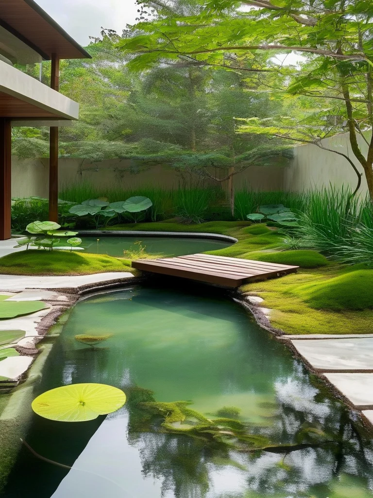 A naturalistic DIY bog garden pond with gently sloping, mossy edges, featuring specialized bog plants and artfully placed river stones.
