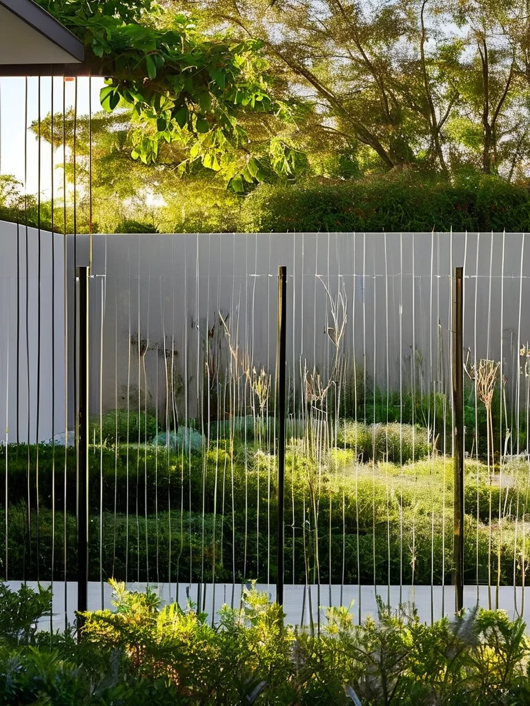 A modern garden safeguarded by a high-tension wire deer proof fence, its thin wires almost invisible against the backdrop of carefully arranged, low-maintenance plants.