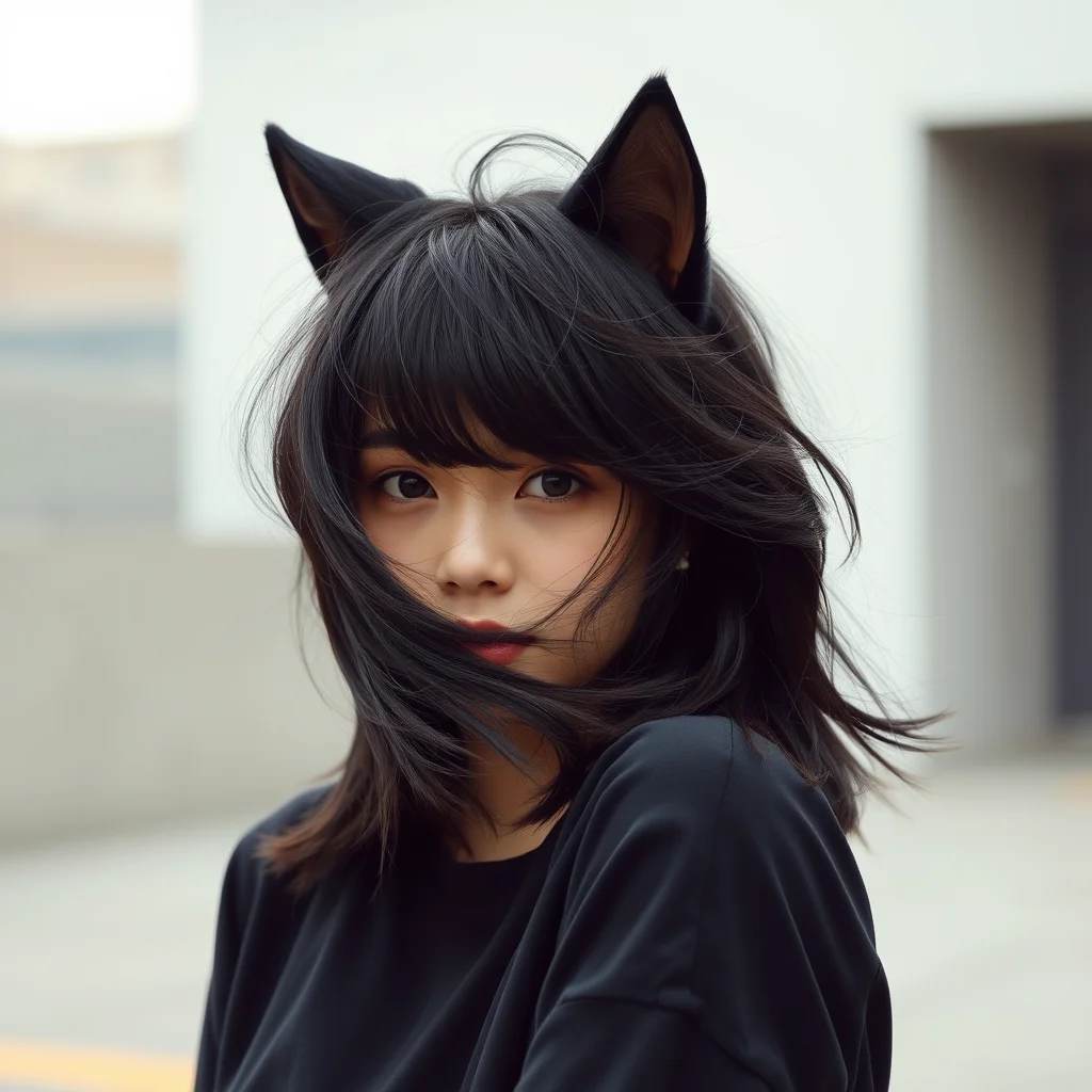 A vibrant image of a young person with a modern, medium-length glossy black wolf cut, influenced by Korean style. The hair has distinct choppy layers and a full, wispy fringe, styled to create an undone yet polished look under soft diffuse lighting.