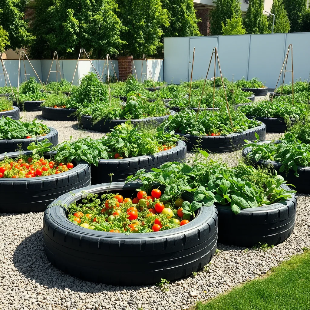 A productive vegetable garden with deep raised beds formed by large black tires, filled with thriving plants and surrounded by gravel paths.