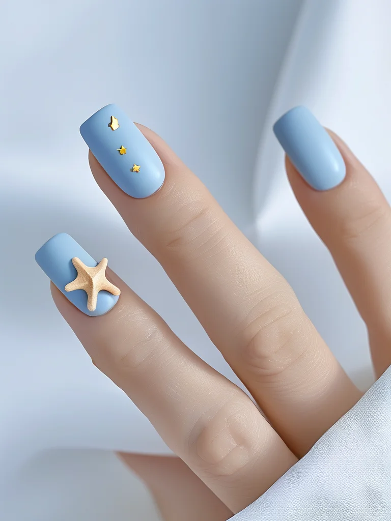 Matte baby blue square nails adorned with a single, delicate 3D sandy beige starfish accent on two fingers.