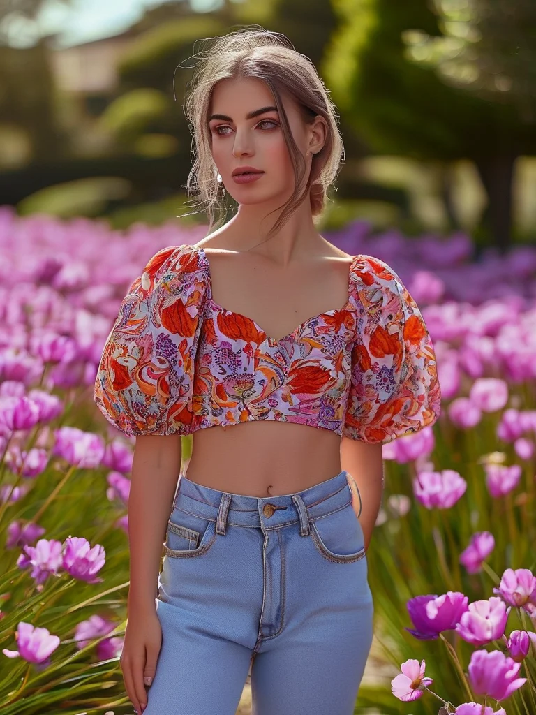 A woman models a fun tulip farm outfit with light-wash denim jeans and a vibrant puff-sleeve floral blouse, complemented by white sneakers, in a field of red and purple tulips.