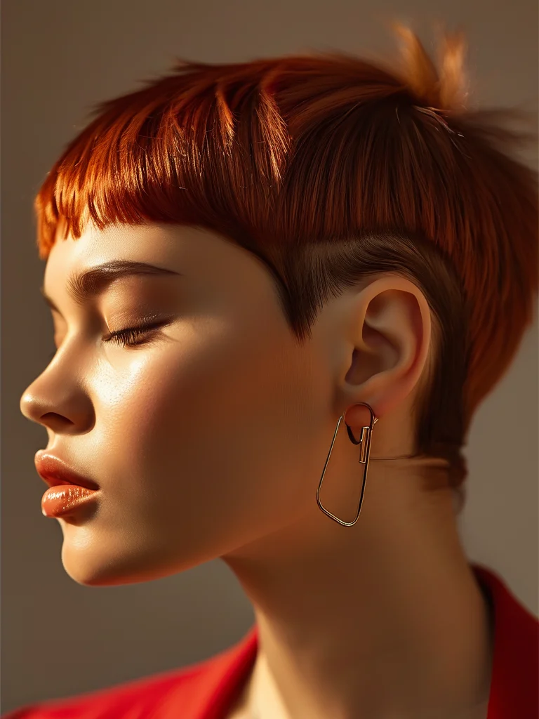 A striking woman with a short, choppy shaggy bob in a vibrant copper red color, featuring extreme texture.