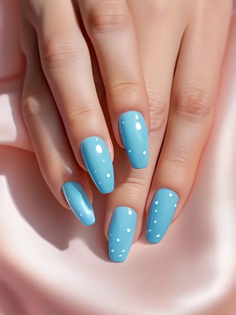 Glossy pastel blue stiletto nails decorated with a pattern of small, evenly distributed white polka dots for a fun and stylish manicure.