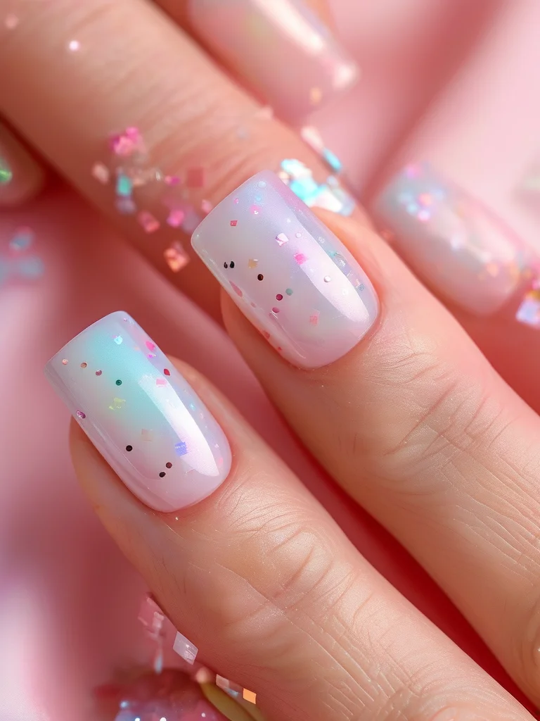 A woman's square-shaped nails featuring a clear glossy base adorned with tiny, irregularly shaped pastel and metallic glitter pieces, creating a playful confetti effect. One nail stands out with a delicate, hand-painted outline of a birthday cake, adding a festive touch.