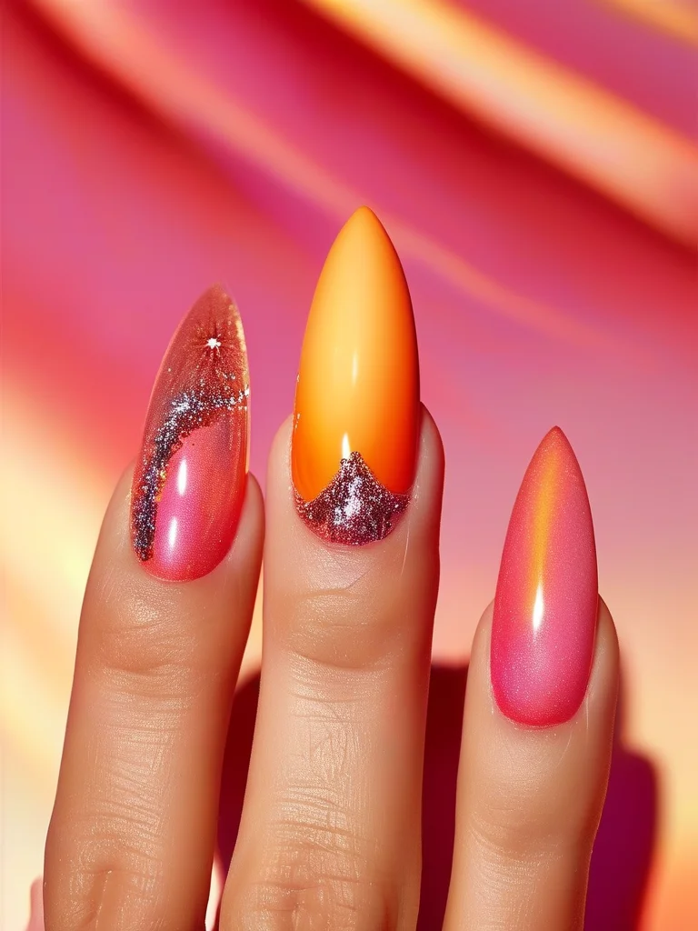 An extreme macro close-up displaying a woman's elegant coffin-shaped nails, each featuring a vibrant, glossy gradient that seamlessly transitions from fiery orange to rich fuchsia pink, embodying the colors of a tropical sunset. The focus is entirely on the luminous gradient.