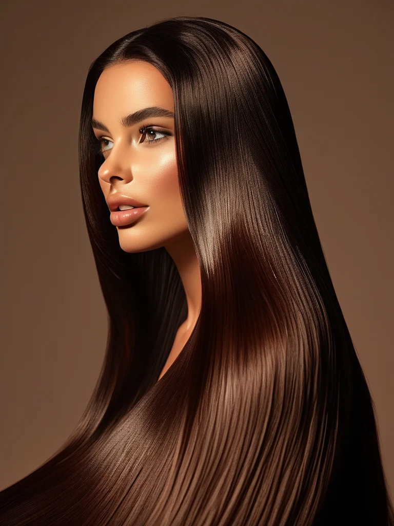 21 Irresistible Chocolate Brown Hair Colors & Styles for a Rich Look 4 A woman with long, poker-straight, ultra-glossy espresso chocolate brown hair, sleek and smooth, reflecting light like a mirror to highlight its deep, rich color and polished finish.