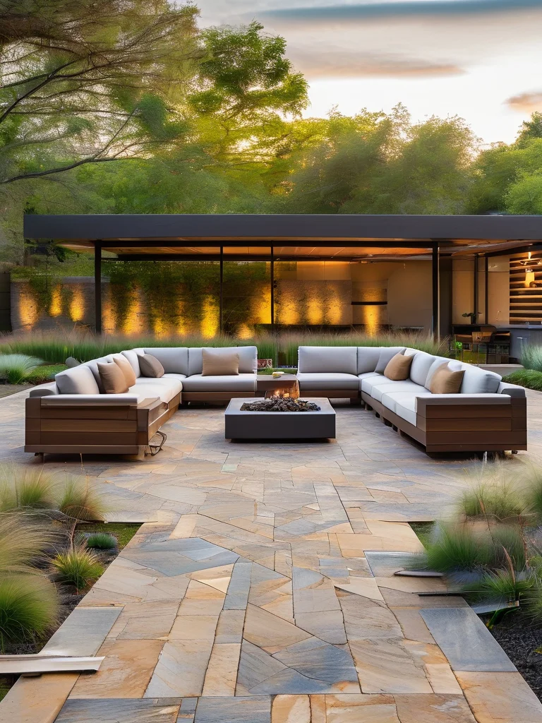 15+ Genius Drainage Ideas to Transform Your Home & Garden 4 A contemporary backyard patio paved with attractive permeable pavers laid in a herringbone pattern, designed to allow water to filter through. The patio is furnished with modern outdoor lounge chairs and a fire pit, surrounded by lush raised garden beds filled with succulents and ornamental grasses, all brightly lit under a clear sky.