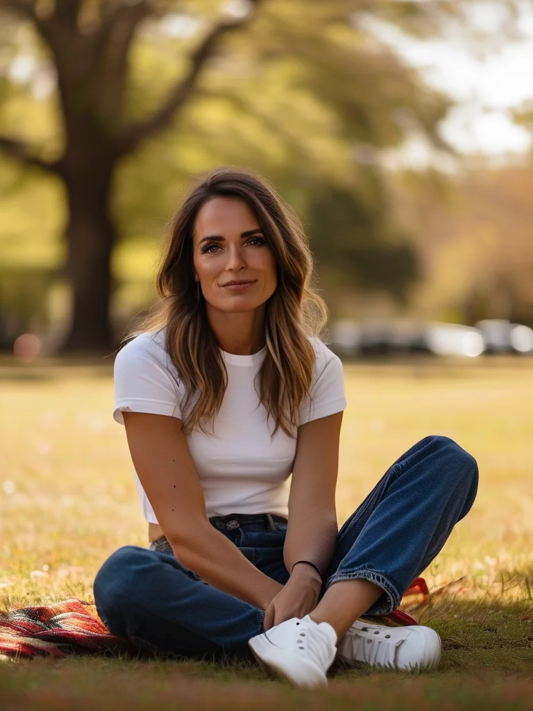 A woman in her mid-thirties casually poses in a sunny park, wearing a timeless outfit: perfectly fitted dark wash straight-leg jeans, a crisp white button-down shirt, and classic white sneakers. Her posture is relaxed, and the soft green foliage of the park creates a refreshing background for her complete ensemble.