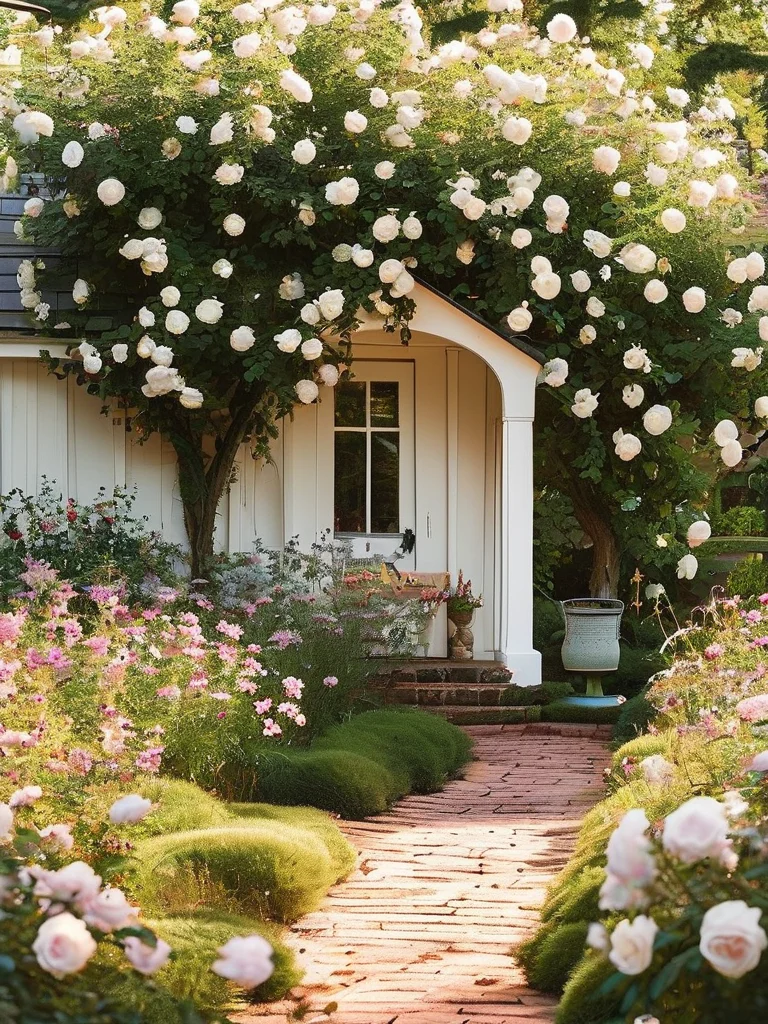 A picturesque cottage-style front yard bursts with an array of colorful perennials, including pink roses, purple lavender, and white hydrangeas, softening the edges of a winding brick pathway. A charming vintage bird bath is tucked among the dense foliage, complementing the light-colored house adorned with climbing roses under a warm, diffused sunlight.
