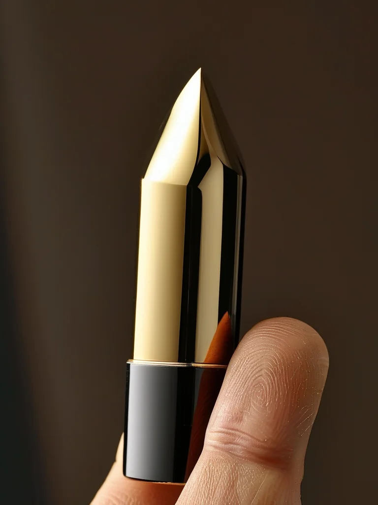 A real woman's hand with medium-length coffin nails, featuring a subtle, glossy, pearlescent 'glazed donut' finish that reflects light gently. A simple gold signet ring is worn on one finger, adding to the understated luxury.