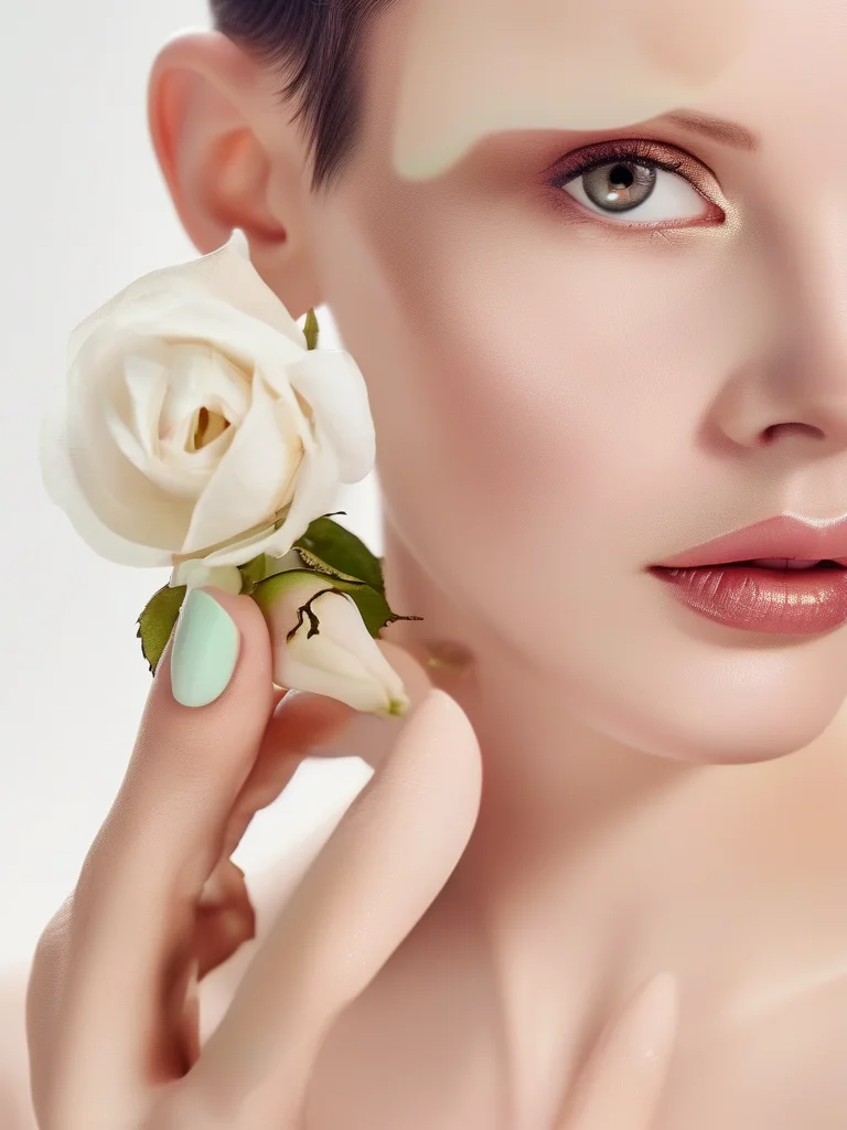 25+ Dreamy White Prom Nails Ideas to Shine on Your Big Night 4 Short oval-shaped nails, predominantly in a high-gloss solid white. Two accent nails feature delicate, hand-painted miniature white roses with tiny green leaves, adding a soft, intricate floral detail that is both elegant and understated.