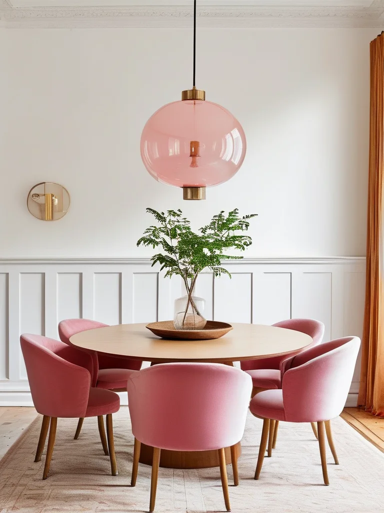 A cozy dining nook with a light pink upholstered dining chairs, a round oak table, and a warm pendant light, creating an intimate atmosphere.