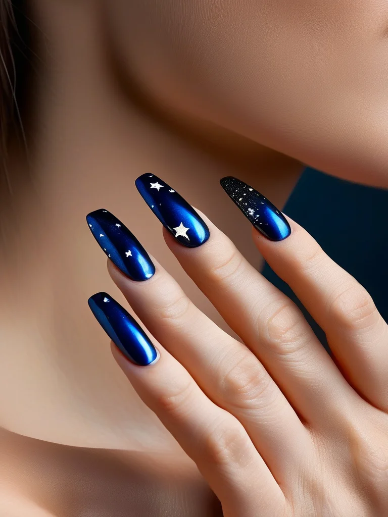 Long almond nails are painted a glossy dark blue, with an elegant accent nail on each hand featuring a shimmering silver chrome finish dotted with small white star decals, creating a sophisticated stardust effect.