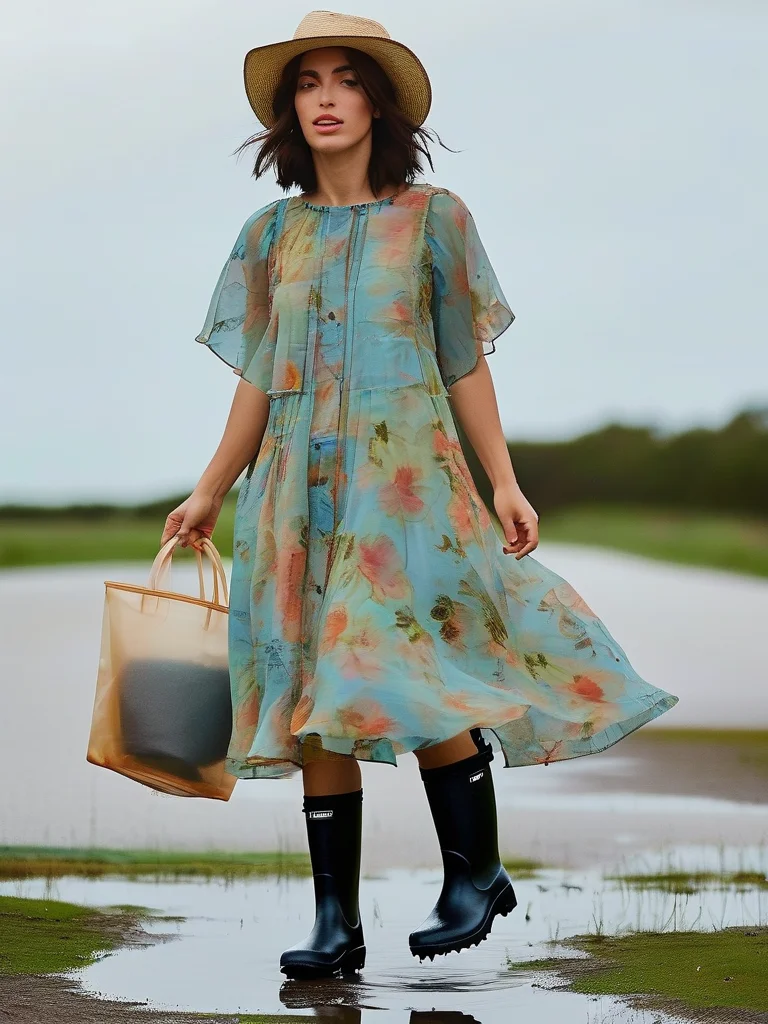 A woman demonstrates a stylish summer rainy day outfit with a floral midi dress and black wellington boots, accessorized with a clear tote bag.