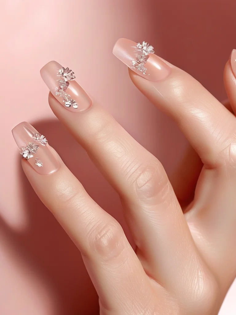 Close-up of nude almond baddie nails with diamond rhinestones