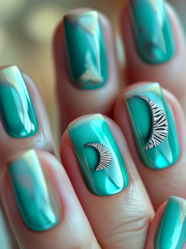 Square nails are painted in a vibrant, glossy turquoise blue. An accent nail features a metallic silver cracked texture, and another has a tiny silver horseshoe charm embedded, reflecting a bold Western trailblazer style.
