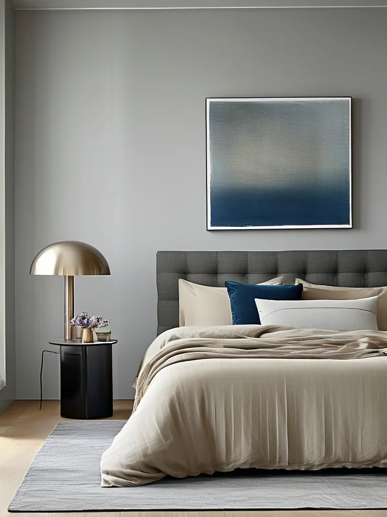 7 Dreamy Organic Cotton Bedding Styles for Your Eco-Chic Sanctuary 4 A contemporary guest bedroom showcasing a queen-sized bed dressed in organic cotton bedding featuring subtle navy and white stripes. The room includes light grey walls, a modern upholstered headboard, a small abstract art piece in harmonious blues and whites, and a sleek metal floor lamp, all illuminated by abundant natural light for a fresh, sophisticated feel.