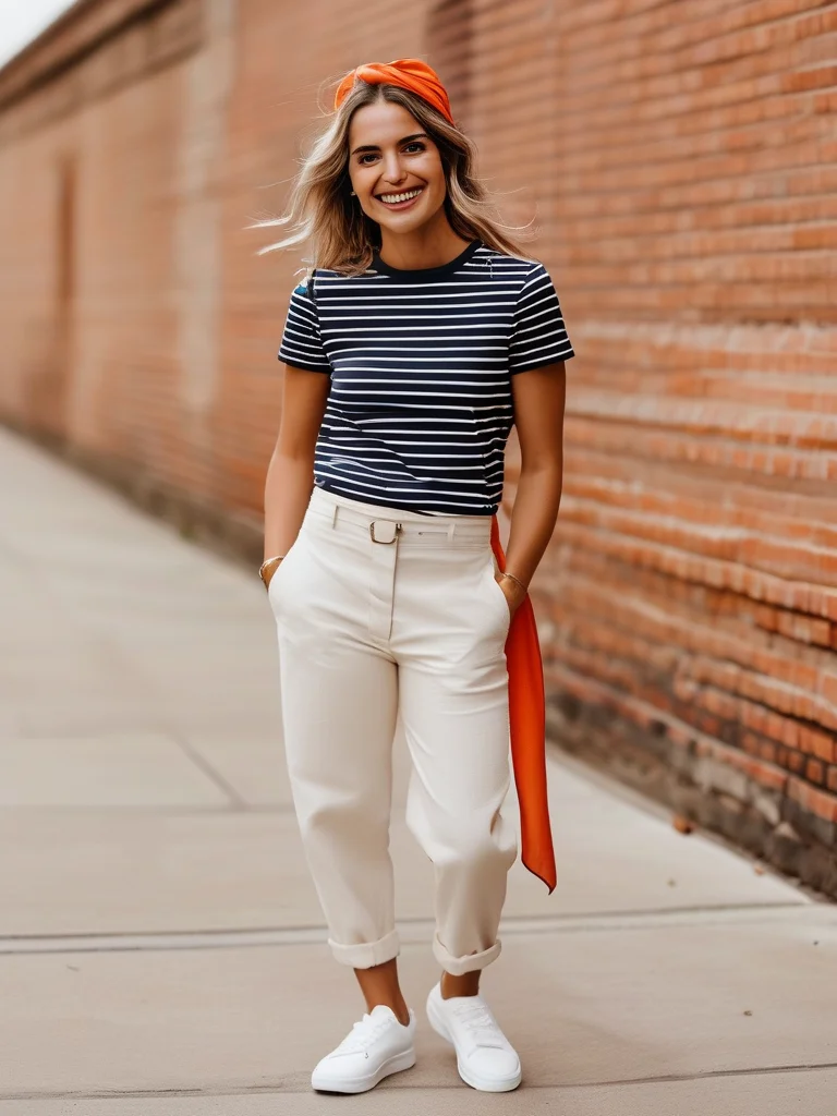 A smiling woman in a navy and white striped long-sleeve t-shirt, half-tucked into tailored beige chino trousers, wearing white canvas sneakers and a red bandana. The bright, full-body street style photo is set against a clean brick wall.