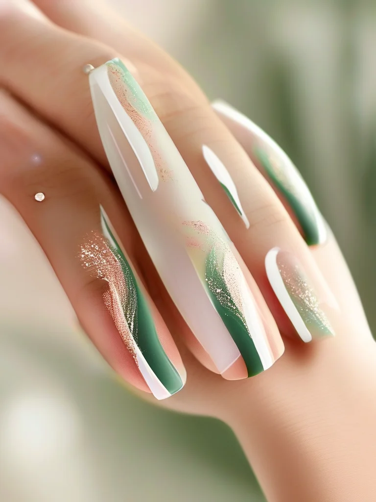 Matte oval gel nails with abstract sage and cream swirls