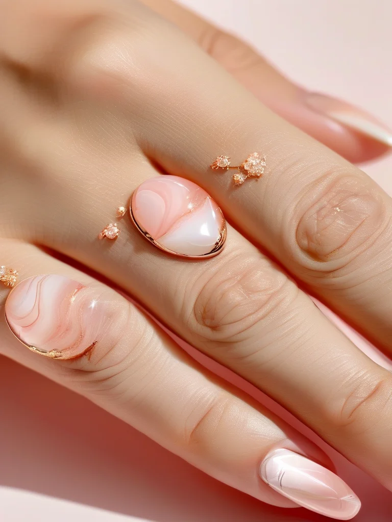 Glossy square-round nails with delicate rose quartz pink and white marble and rose gold flakes.