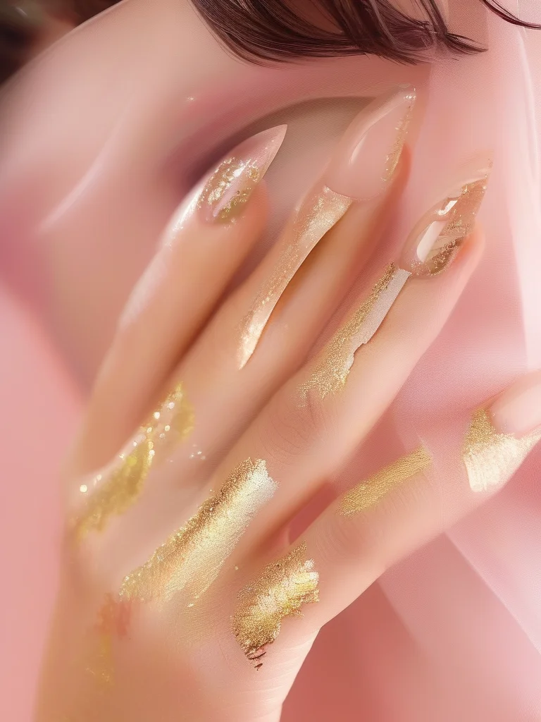 Macro shot of long coffin nails with abstract gold leaf pieces over a sheer nude base.