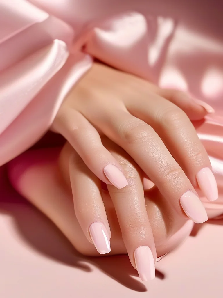 Close-up of short coffin nails with a subtle pearlescent 'glazed donut' finish on a pale pink base.