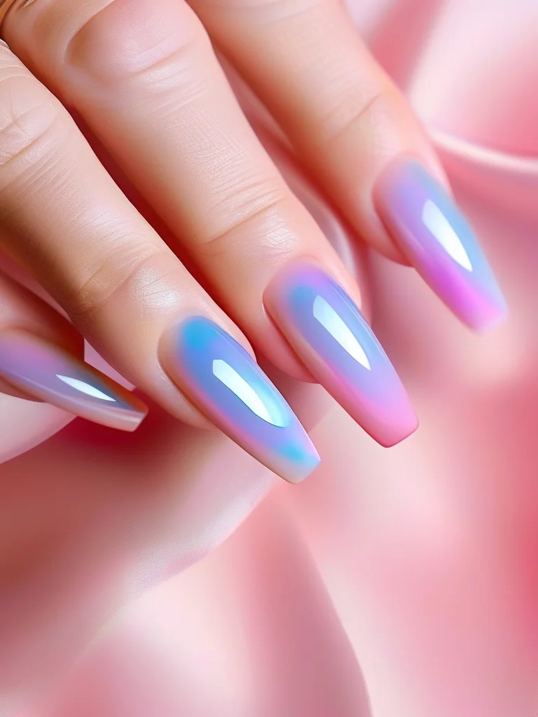 Close-up of pastel aura glow aesthetic stiletto nails with pink and lavender gradient