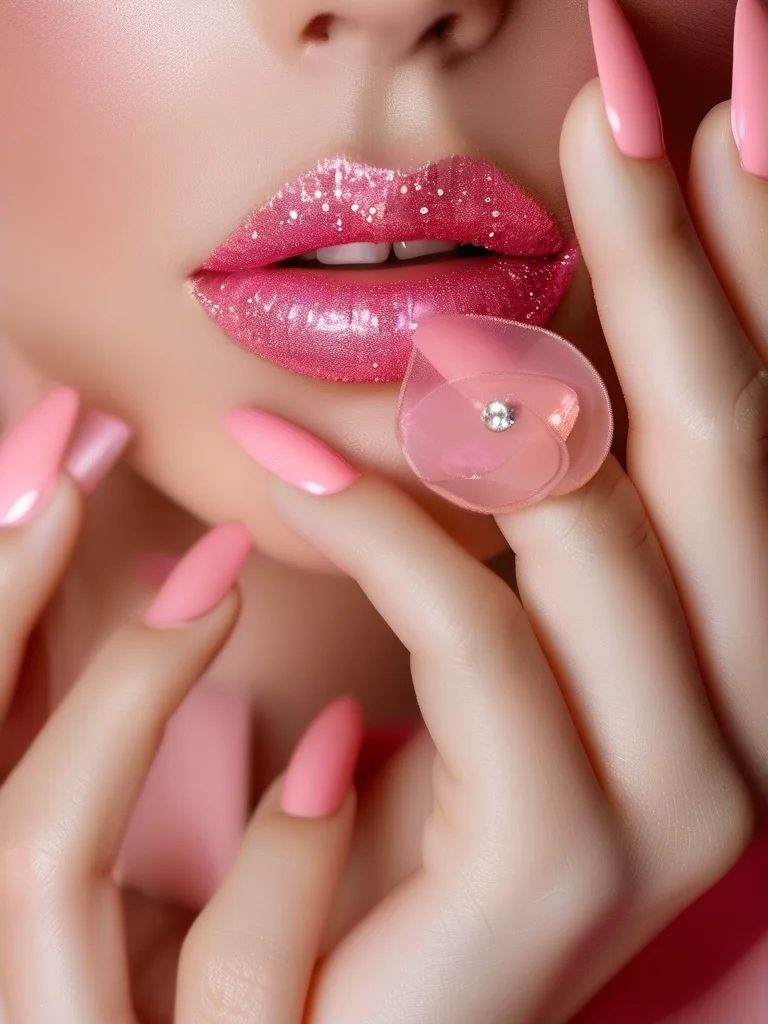 Glossy hot pink stiletto nails with gemstone cluster