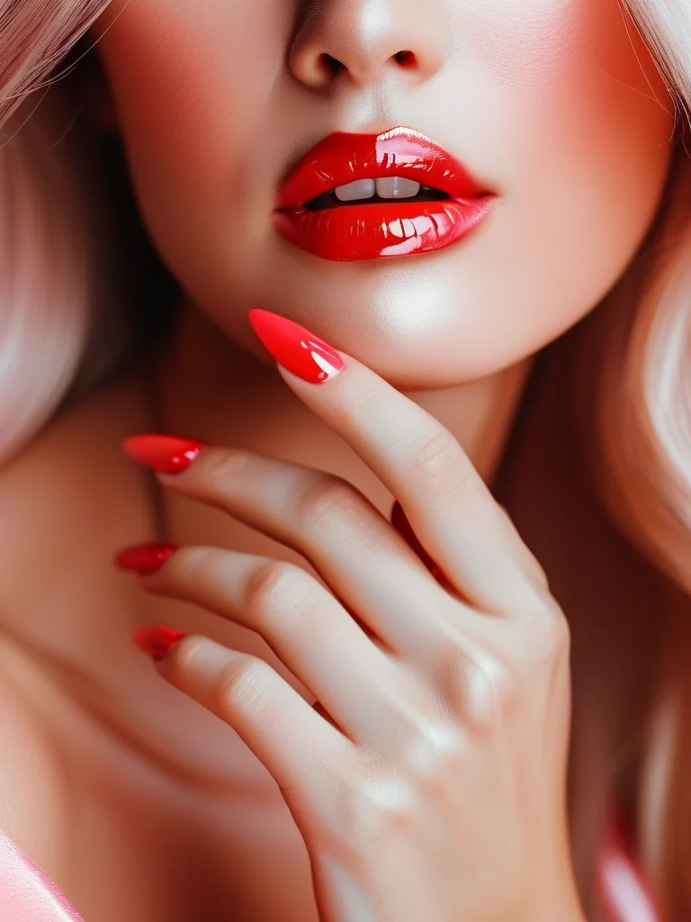 Long stiletto nails with glazed crimson chrome finish.