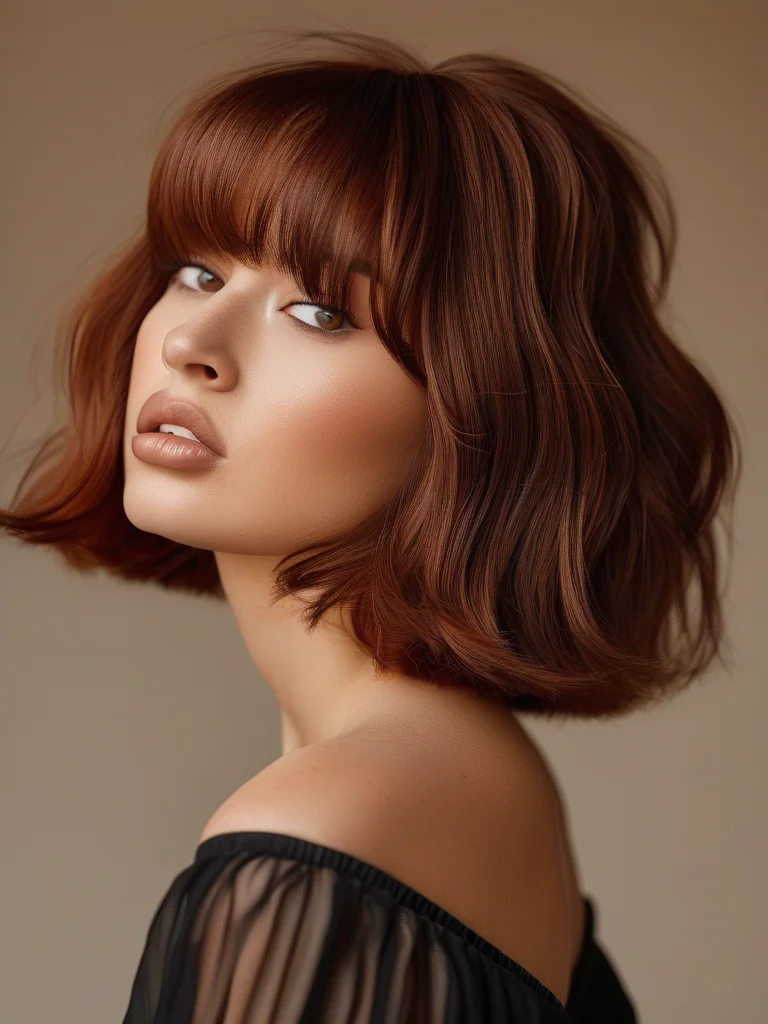 Woman with a stylish chestnut brown wash and go curly bob featuring a defined, bouncy curly fringe.