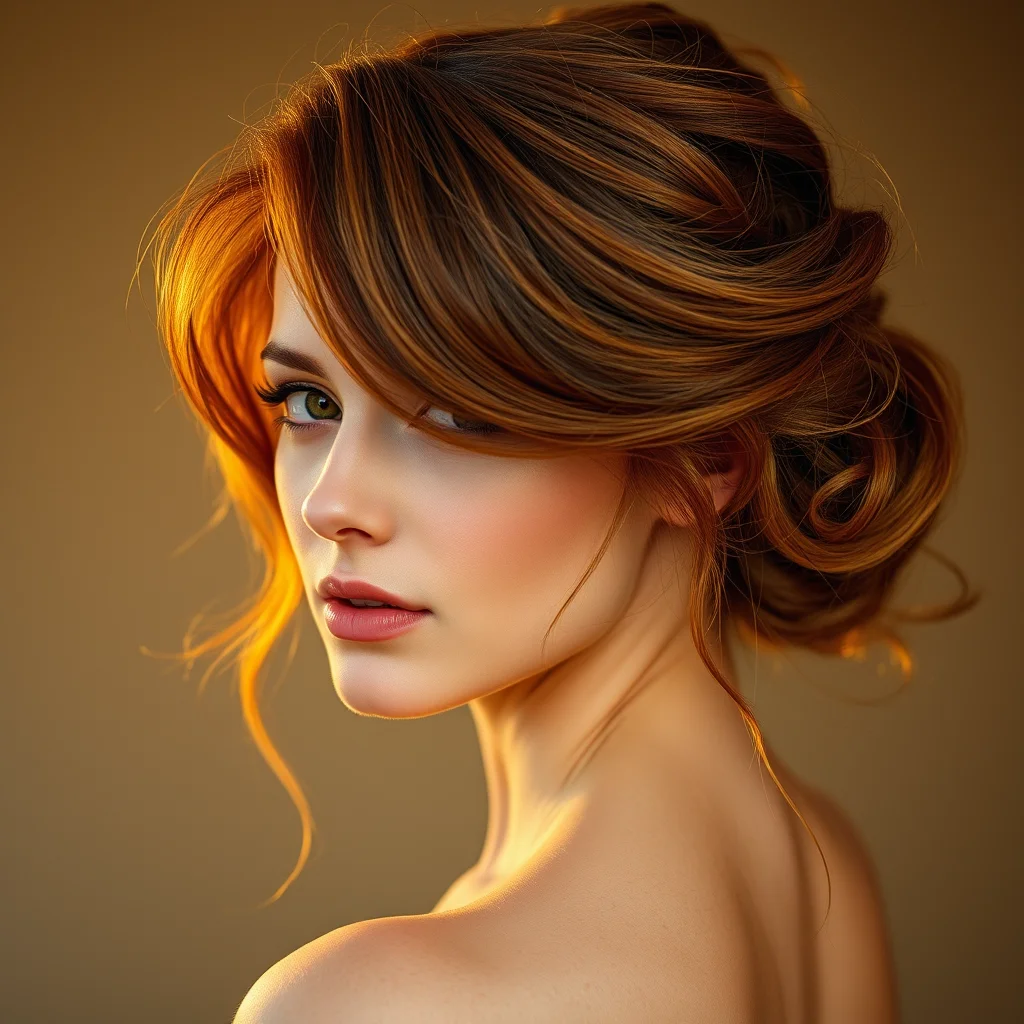 Woman with a romantic, loosely pinned elegant updo, featuring soft waves and face-framing tendrils.