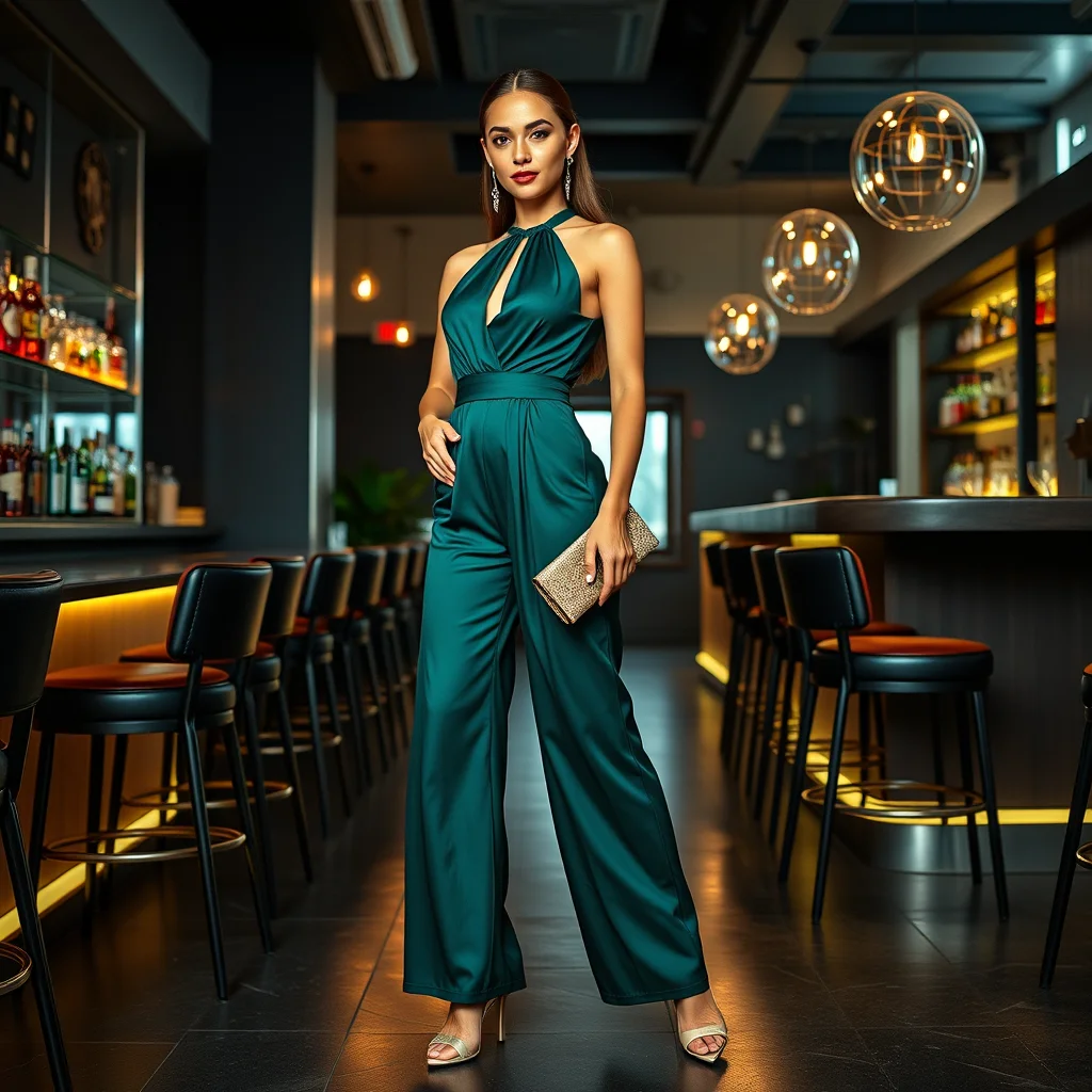 Woman in emerald green wide-leg jumpsuit and heels for a spring bar outfit