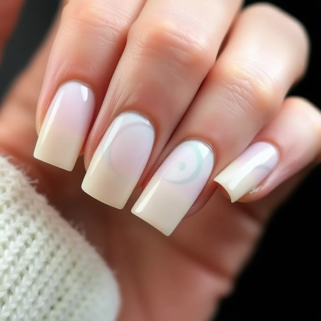 Rounded square nails with off-white base and soft baby blue, sage, and lavender abstract swirl nail art.