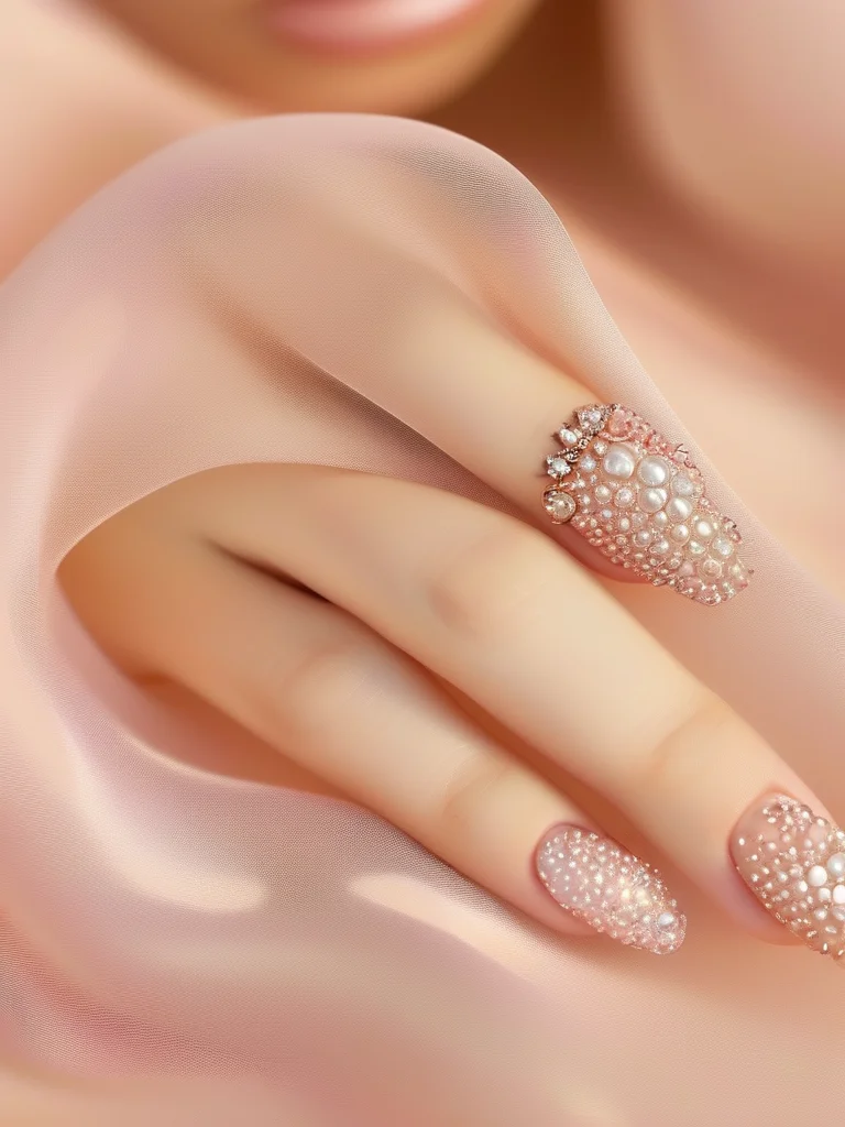 Pearlescent ombre nails with caviar beads near cuticle