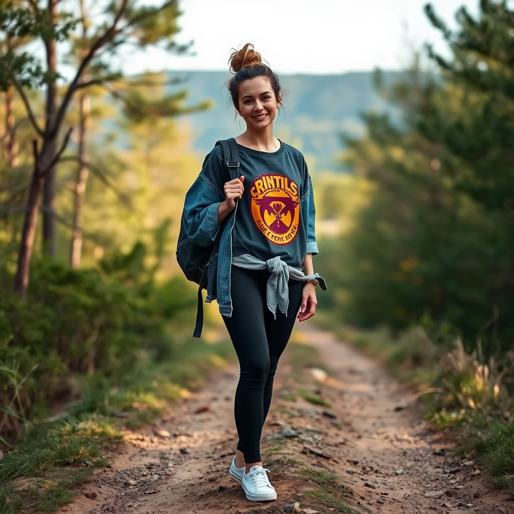 Woman in black perfect leggings, graphic tee, and sneakers for a weekend outdoor adventure.