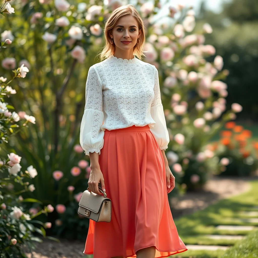 Woman in white eyelet blouse and peach A-line skirt, classic Easter style