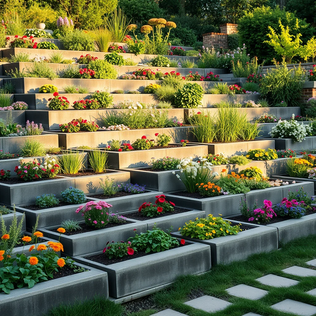 An impressive tiered garden design using concrete blocks to create cascading planting levels, showcasing a vibrant mix of flora under warm, diffused sunlight.